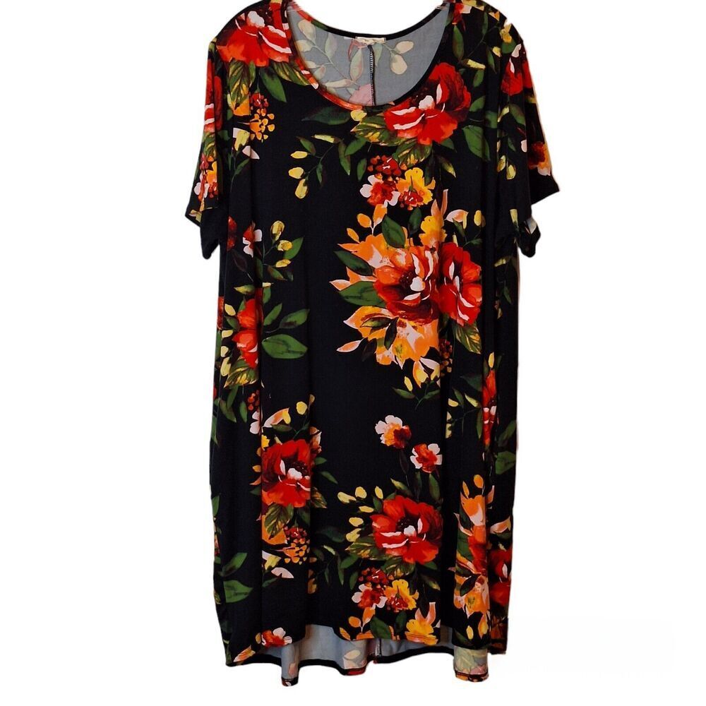 Sweet Lovely By Jen Womens Size 3XL Black Floral Tunic Dress Stretch‎ Pockets